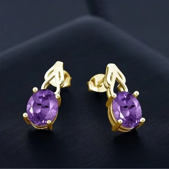 18K Yellow Gold 925 with 3.32 Cttw Amethyst Oval Post Back Drop Earrings